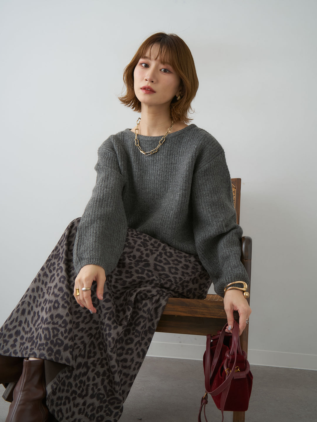 [予約]前後2wayスリットリブニットトップス/mokucharcoal