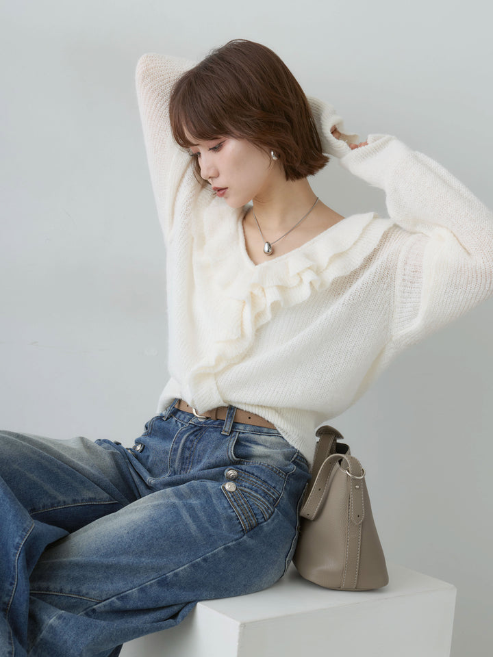 [SET]フリルネックモヘアニットトップス+選べるアクセセット(2set)