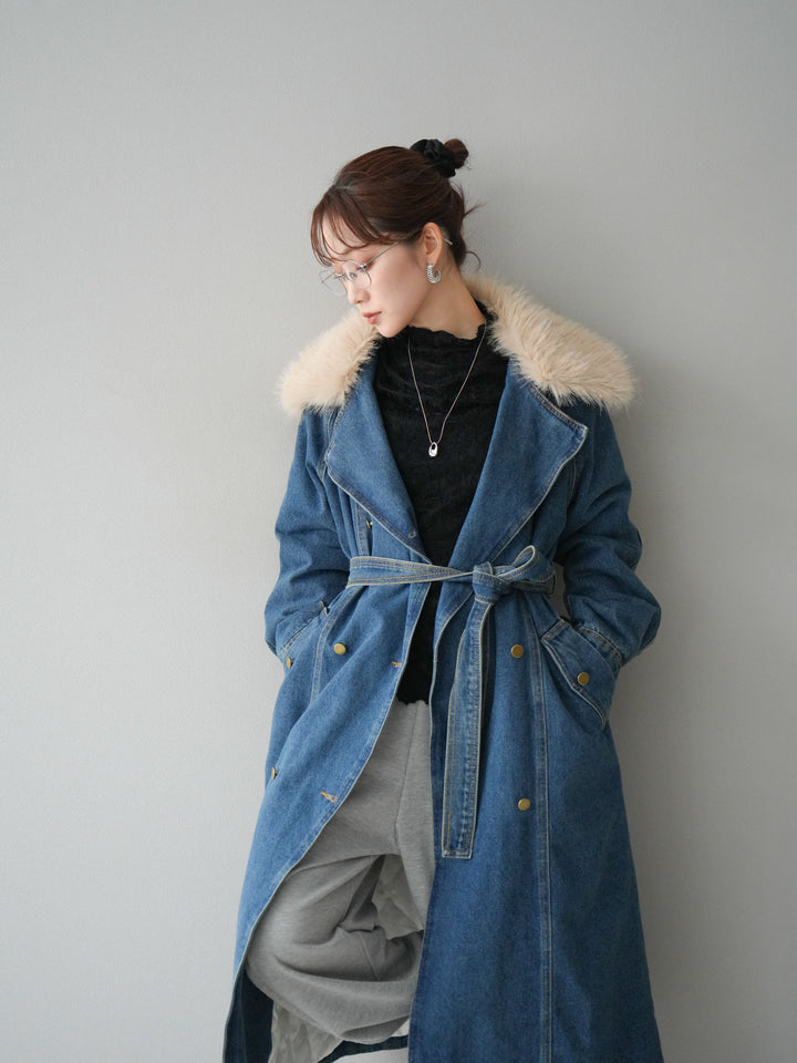 [予約]ファー襟デニムロングコート/blue