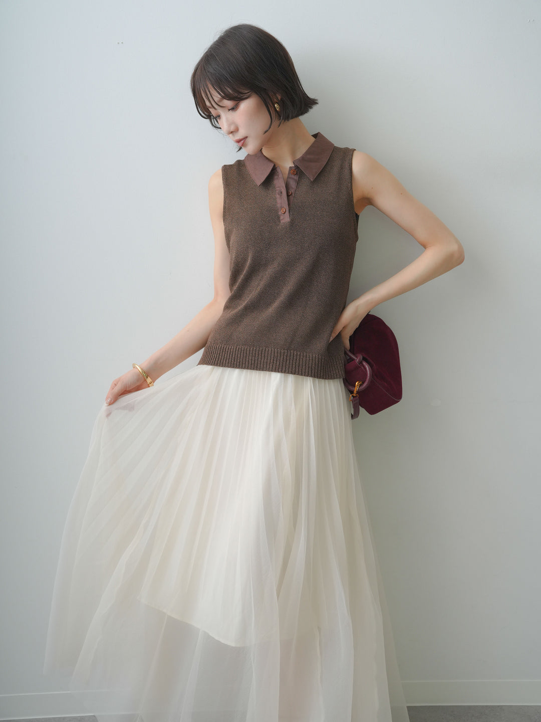[予約]ポロカラーシアーノースリニットトップス/brown