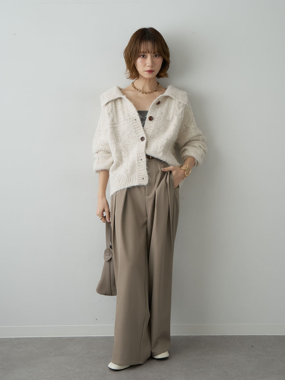 [SET]ビッグカラーケーブルシャギーカーディガン+ツイルタックワイドパンツ(2set)
