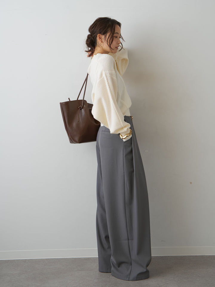 [SET]カシュクールミックスケーブルニットトップス+ベルトループデザインワイドパンツ(2set)
