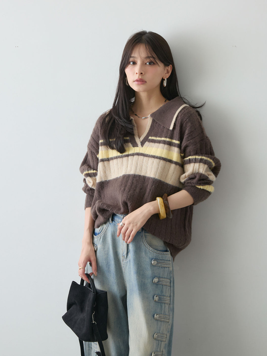 [予約]マルチボーダー起毛スキッパーニットトップス/mochacharcoal