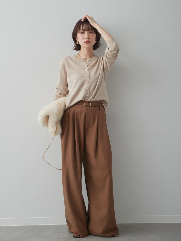 [SET]ゴールドボタンニットカーディガン+ツータックドレープストレートパンツ(2set)