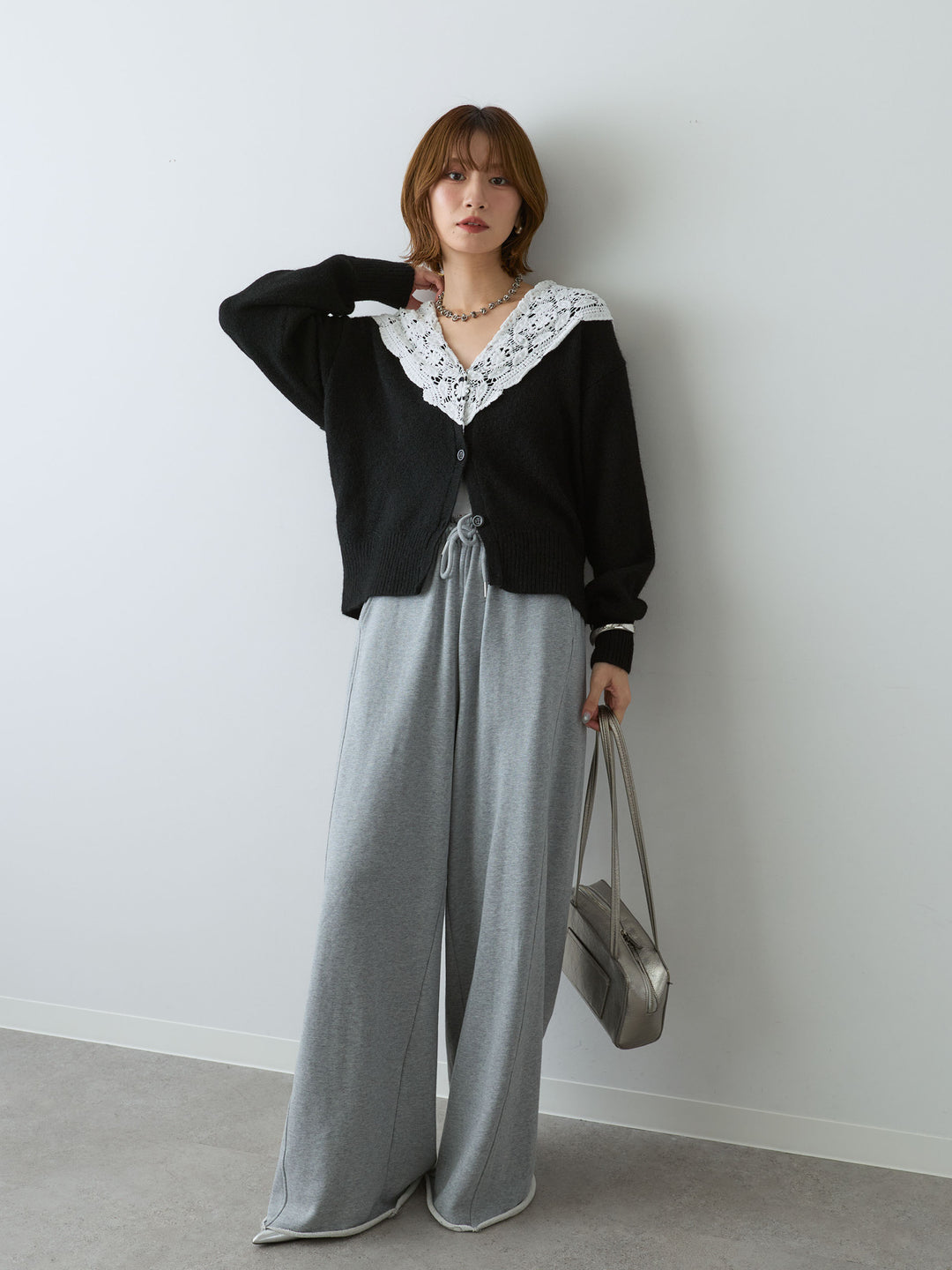 [SET]モヘアレースショールカラーカーディガン+カットオフスウェットワイドパンツ(2set)
