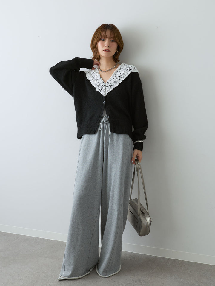 [SET]モヘアレースショールカラーカーディガン+カットオフスウェットワイドパンツ(2set)