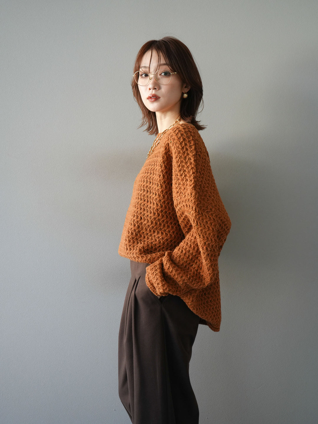 [予約]ネップ透かし編みオーバーニット/camel