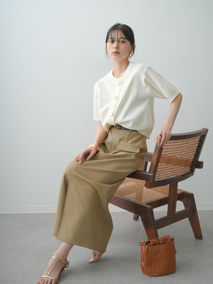 【套裝】金色紐帶半針織開襟衫+縐紗翻領直筒裙（兩件組）
