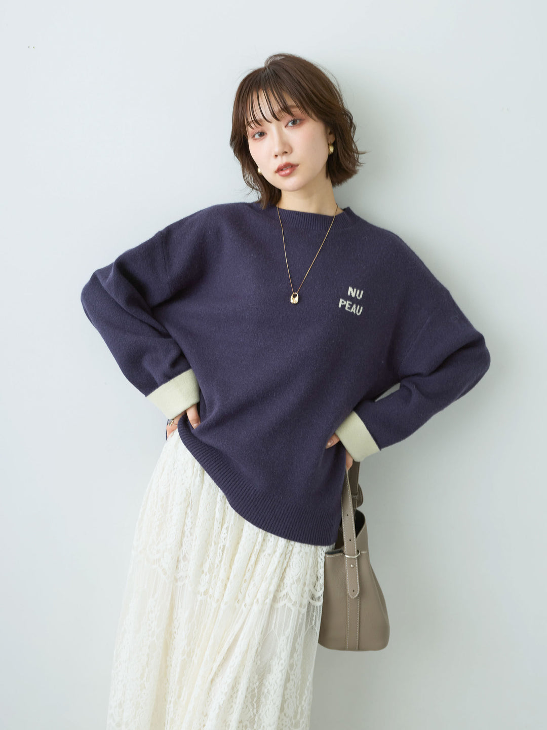 [SET]アルパカタッチバイカラーニットトップス+ベロアレースドレープフレアスカート(2set)