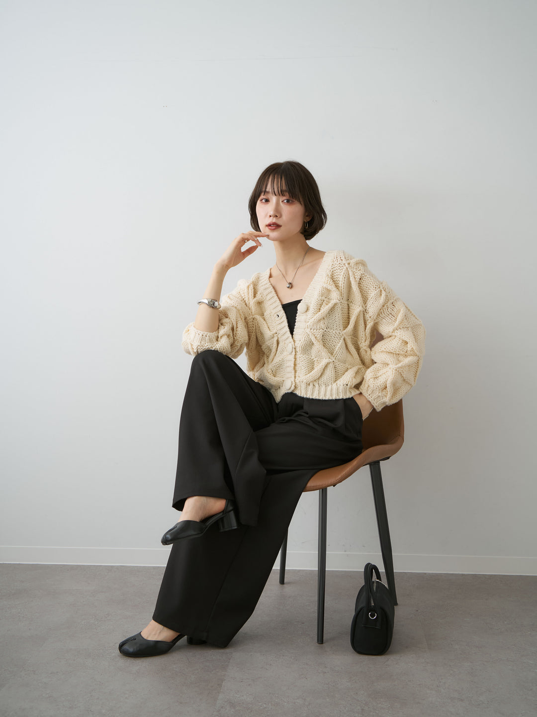 [SET]ダイヤ編立体ニットカーディガン+ベルトループデザインワイドパンツ(2set)