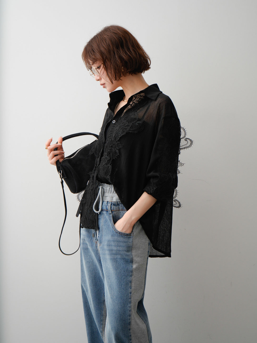 [SET]レースデザインドレープオーバーシャツ+デニム切替スウェットパンツ(2set)