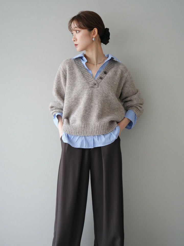 [SET]ストライプシャツドッキングMIXヤーンニットプルオーバー+ベルトループデザインワイドパンツ(2set)
