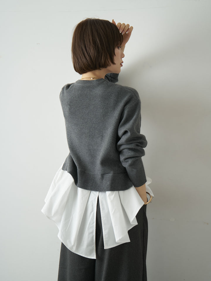 [SET]アシンメトリーシャツレイヤードニットプルオーバー+ダブルタックドレープストレートワイドパンツ(2set)