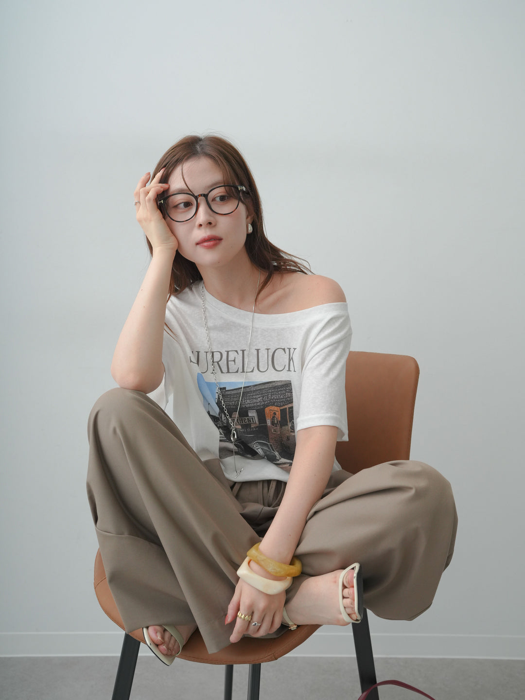 [SET]ワイドネックプリントTEE+ベルトループカーブタックワイドパンツ(2set)