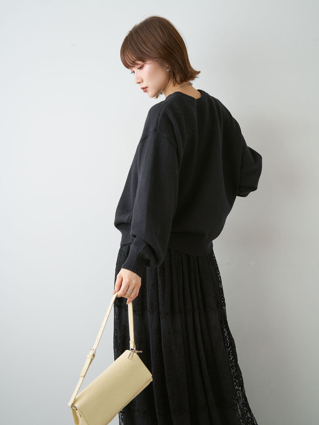 [SET]アルパカタッチ刺繍レースロゴニットプルオーバー+ベロアレースドレープフレアスカート(2set)