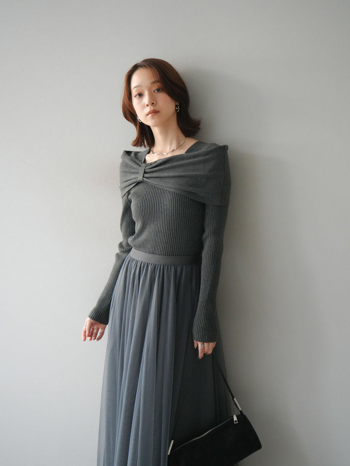 [予約]リボンモチーフオフショルリブニットトップス/gray