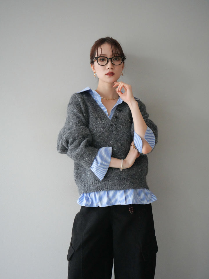 [予約]ストライプシャツドッキングMIXヤーンニットプルオーバー/charcoal