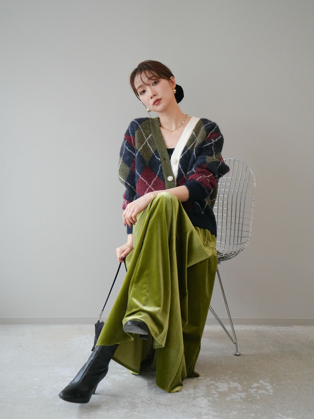 [予約]配色アーガイル柄ニットカーディガン/green
