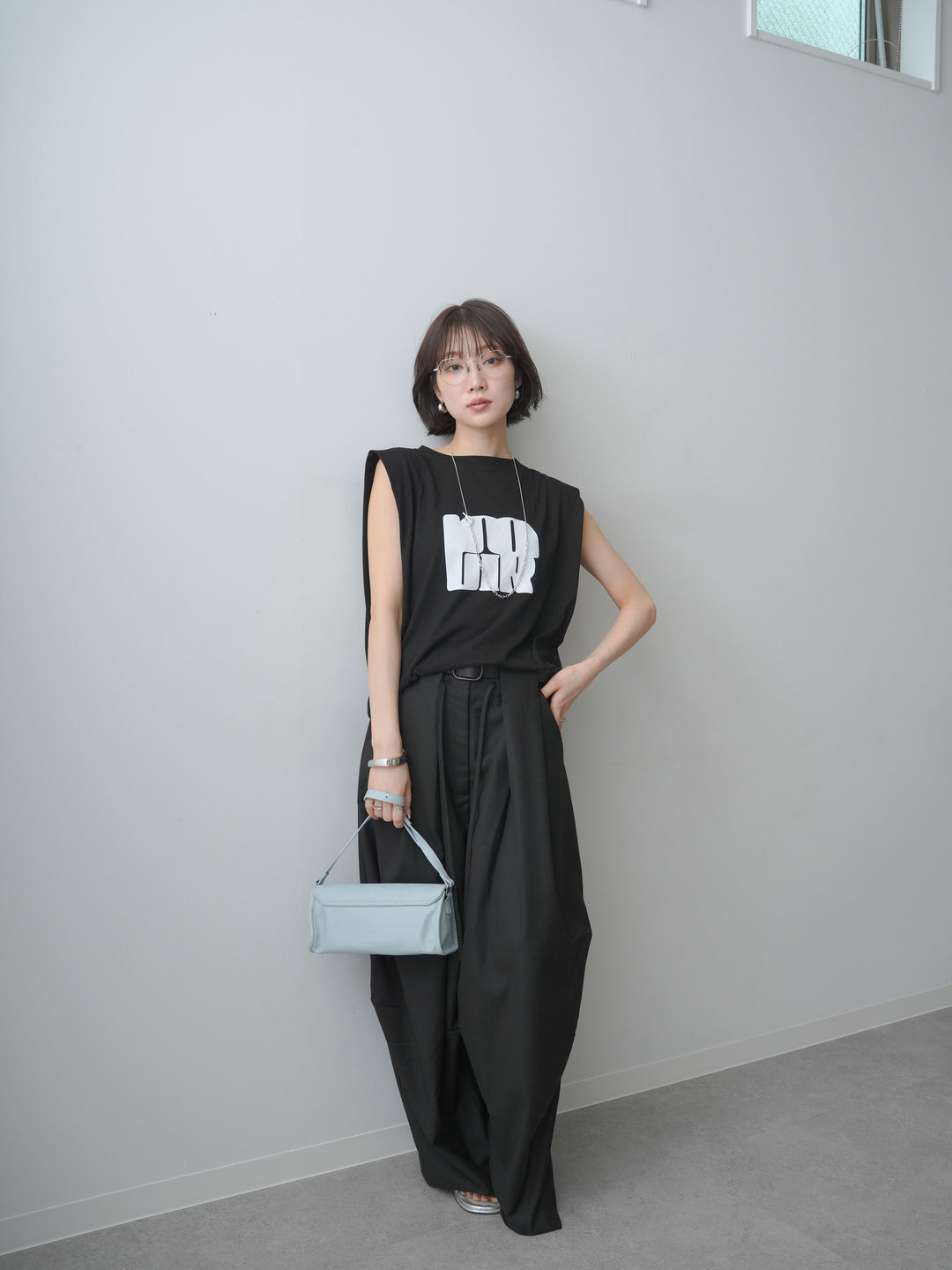 [SET]ワイドネックプリントTEE+ショルダータックノースリーブオーバーTEE(2set)