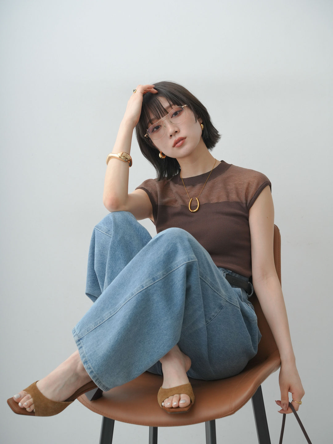[予約]シアー切替ニットトップス/brown