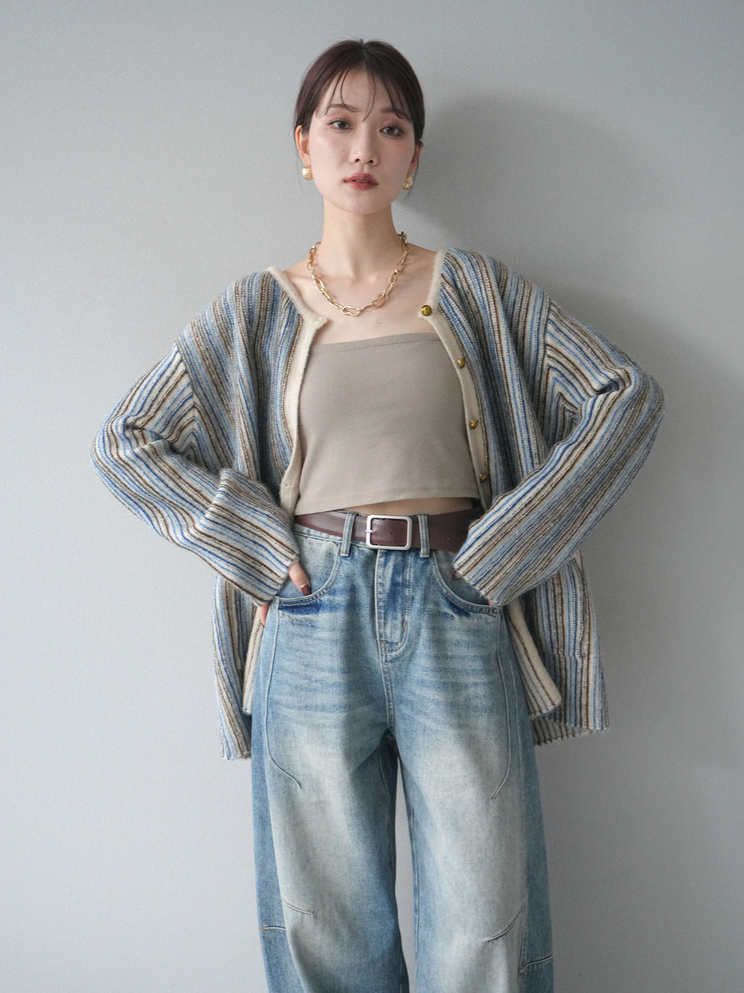 [予約]アンティークボタンストライプニットカーディガン/ivory