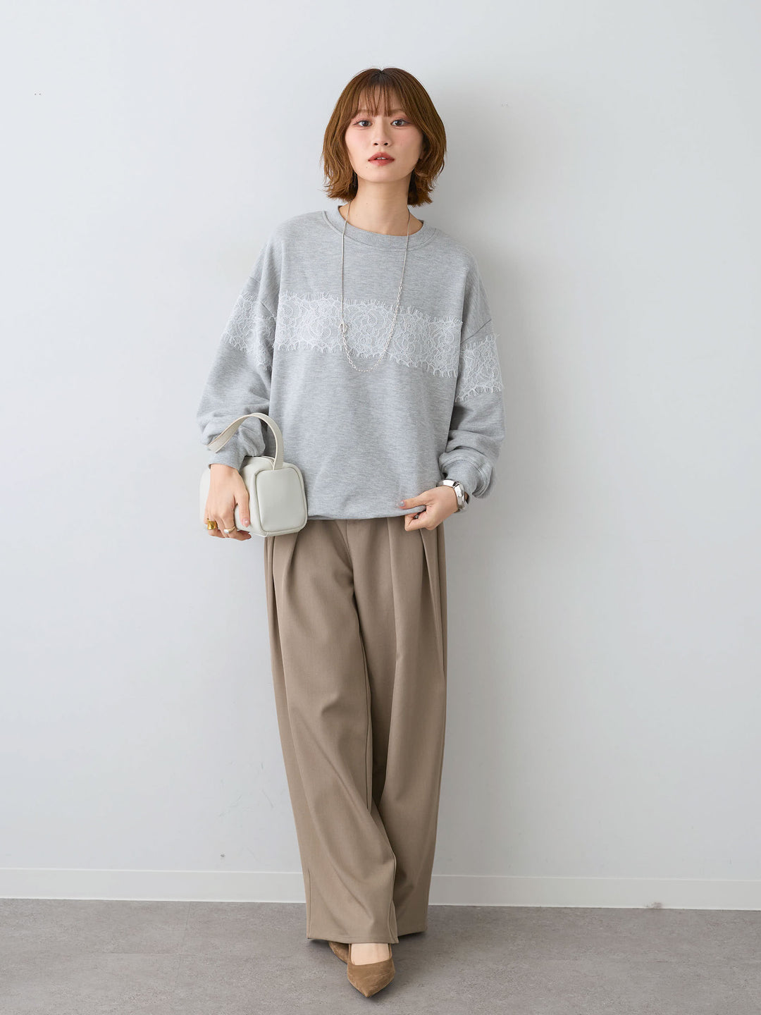 [SET]裏毛レースドッキングプルオーバー+ツイルタックワイドパンツ(2set)