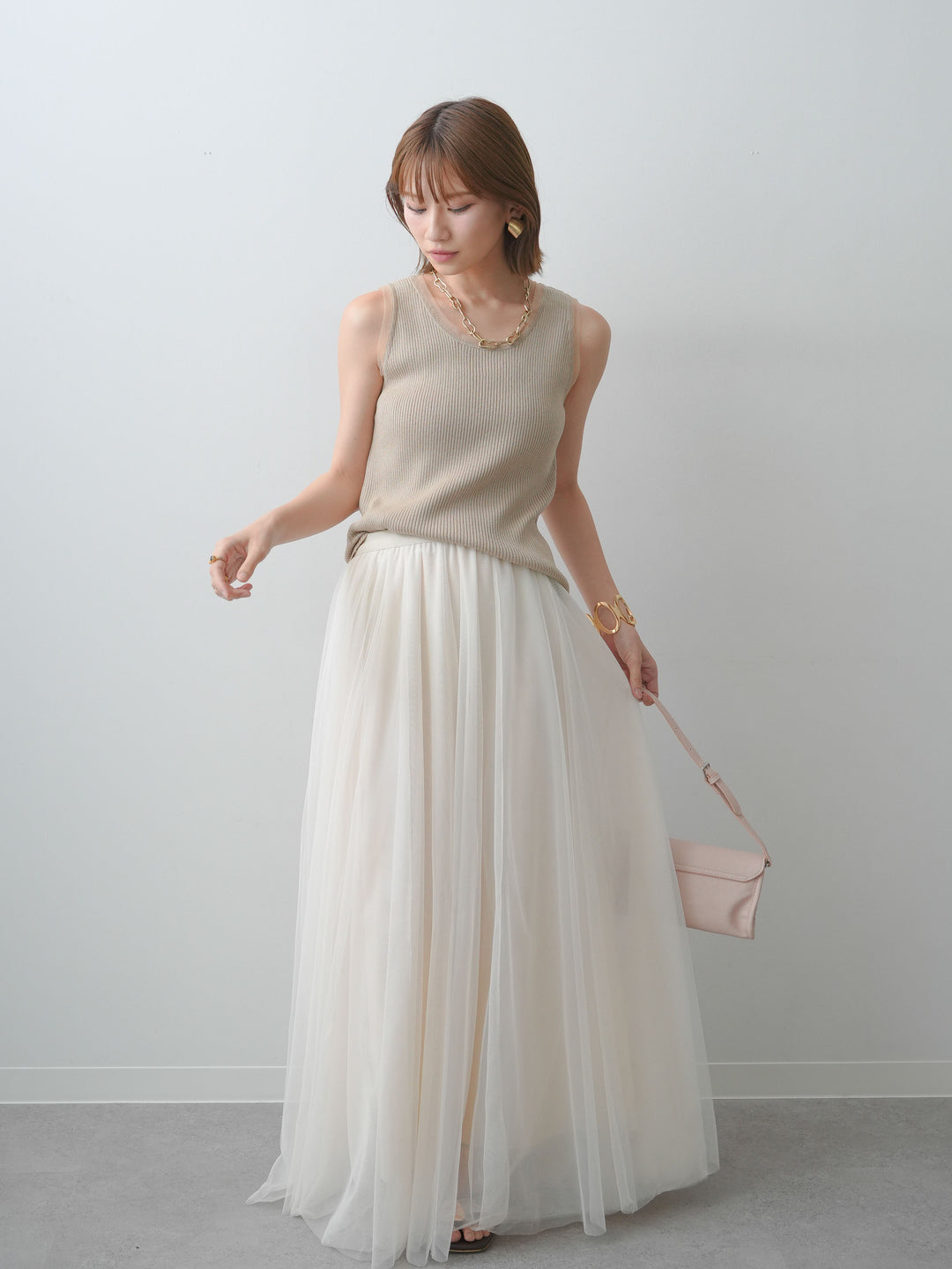 [SET]チュールトリムリブニットタンクトップ+チュールボリュームスカート(2set)