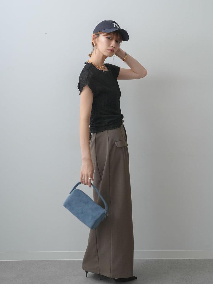 [SET]シャーリングシアーバックオープンフレンチトップス+クレープデシンフラップ付きストレートスカート(2set)