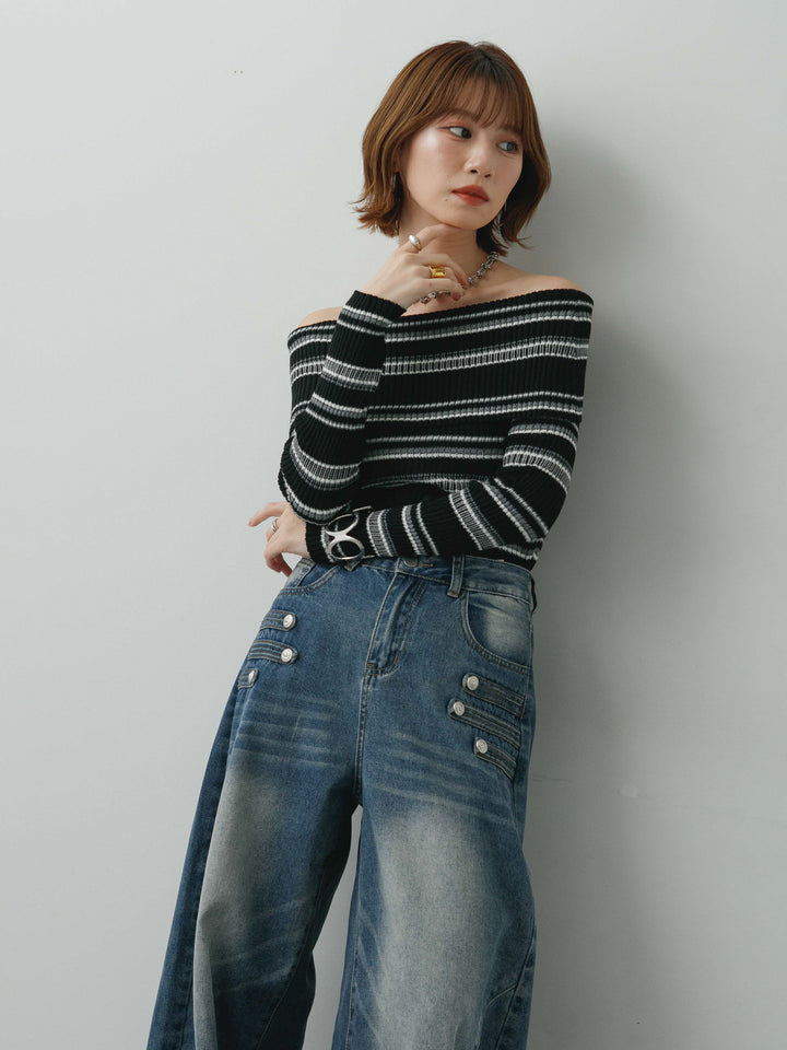 [予約]マルチボーダーオフショルニットトップス/black