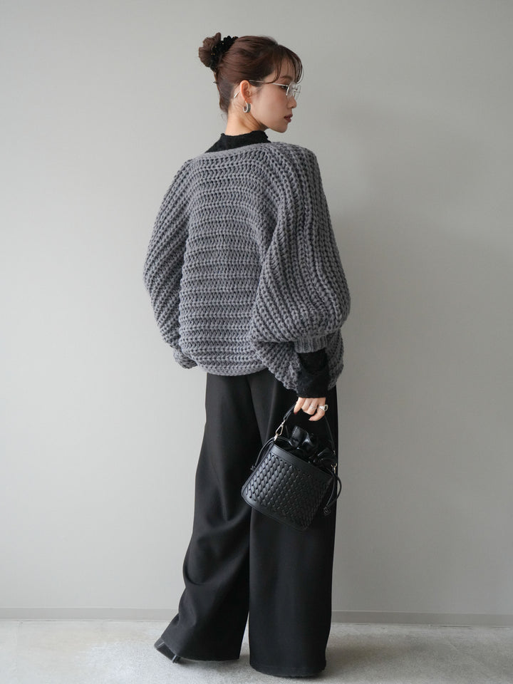 [SET]ローゲージ畦編みドルマンニットボレロ+起毛レースプチネックトップス+ベルトループデザインワイドパンツM(3set)