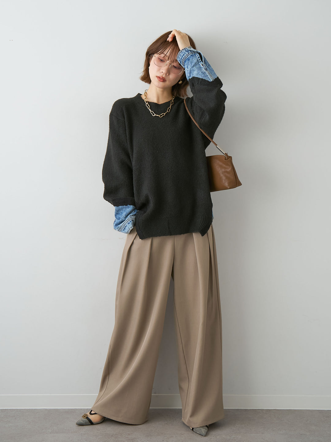[SET]デニムドッキングニットプルオーバー+ツイルタックワイドパンツ(2set)