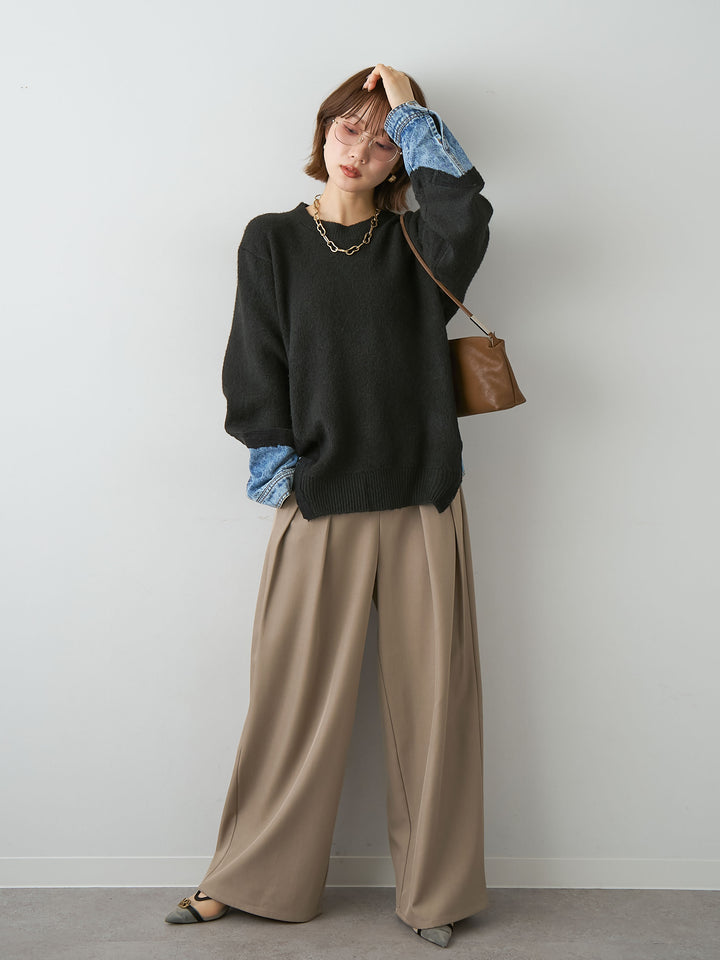 [SET]デニムドッキングニットプルオーバー+ツイルタックワイドパンツ(2set)