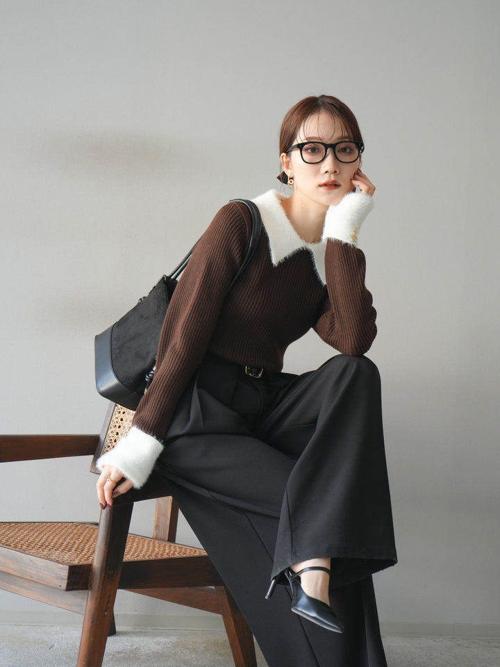 [SET]シャギー襟リブニットトップス+ベルトループデザインワイドパンツ(2set)