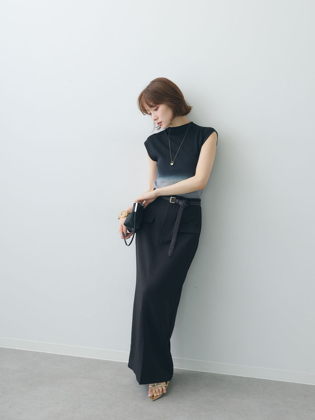 [SET]グラデーションフレンチリブニットトップス+クレープデシンフラップ付きストレートスカート(2set)