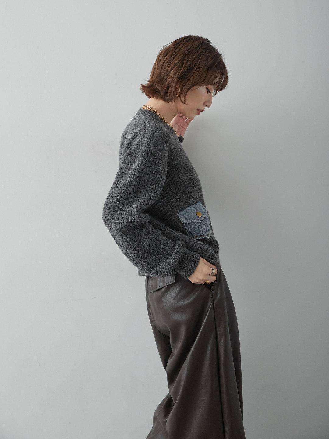 [SET]デニムコンビデザインニットカーディガン+フェイクレザーワイドパンツ(2set)