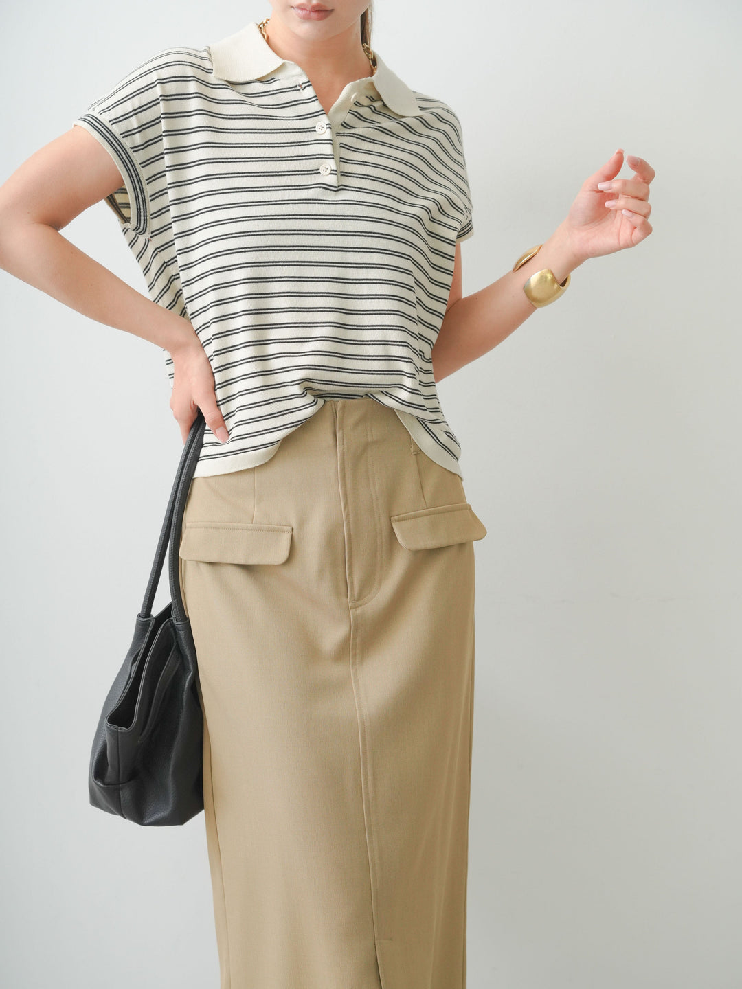 [SET]ポロニットボーダートップス+クレープデシンフラップ付きストレートスカート(2set)