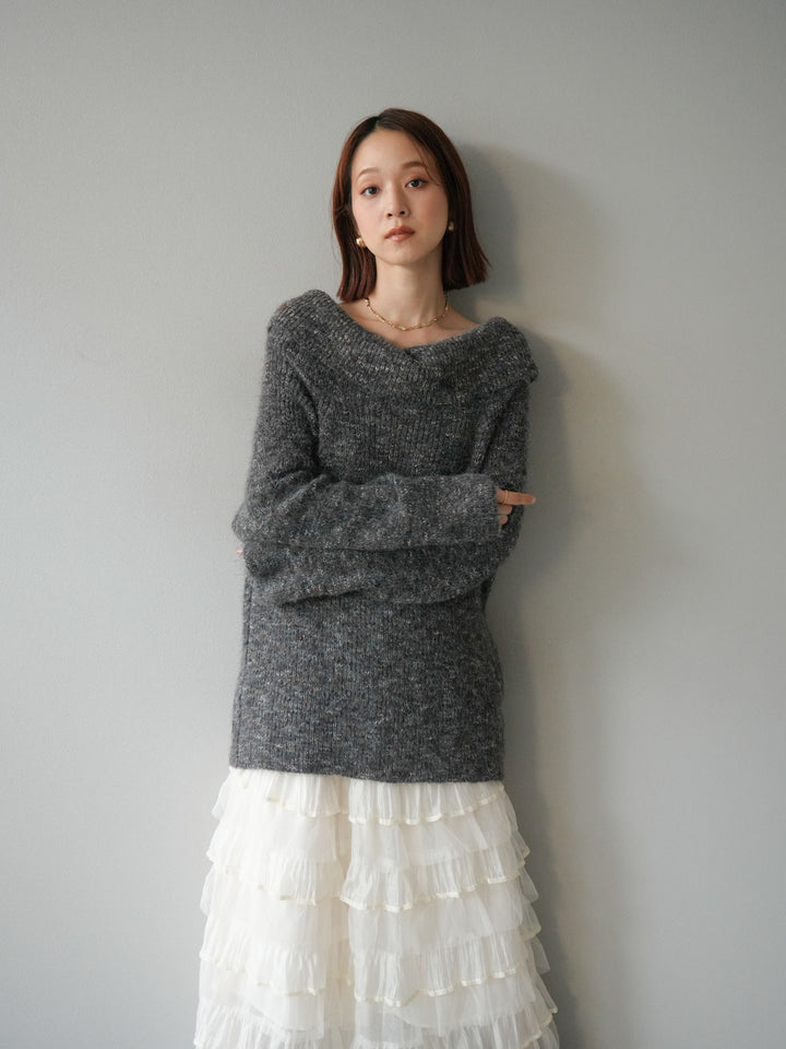 [予約]ミックスヤーンオフショルルーズニットプルオーバー/グレー