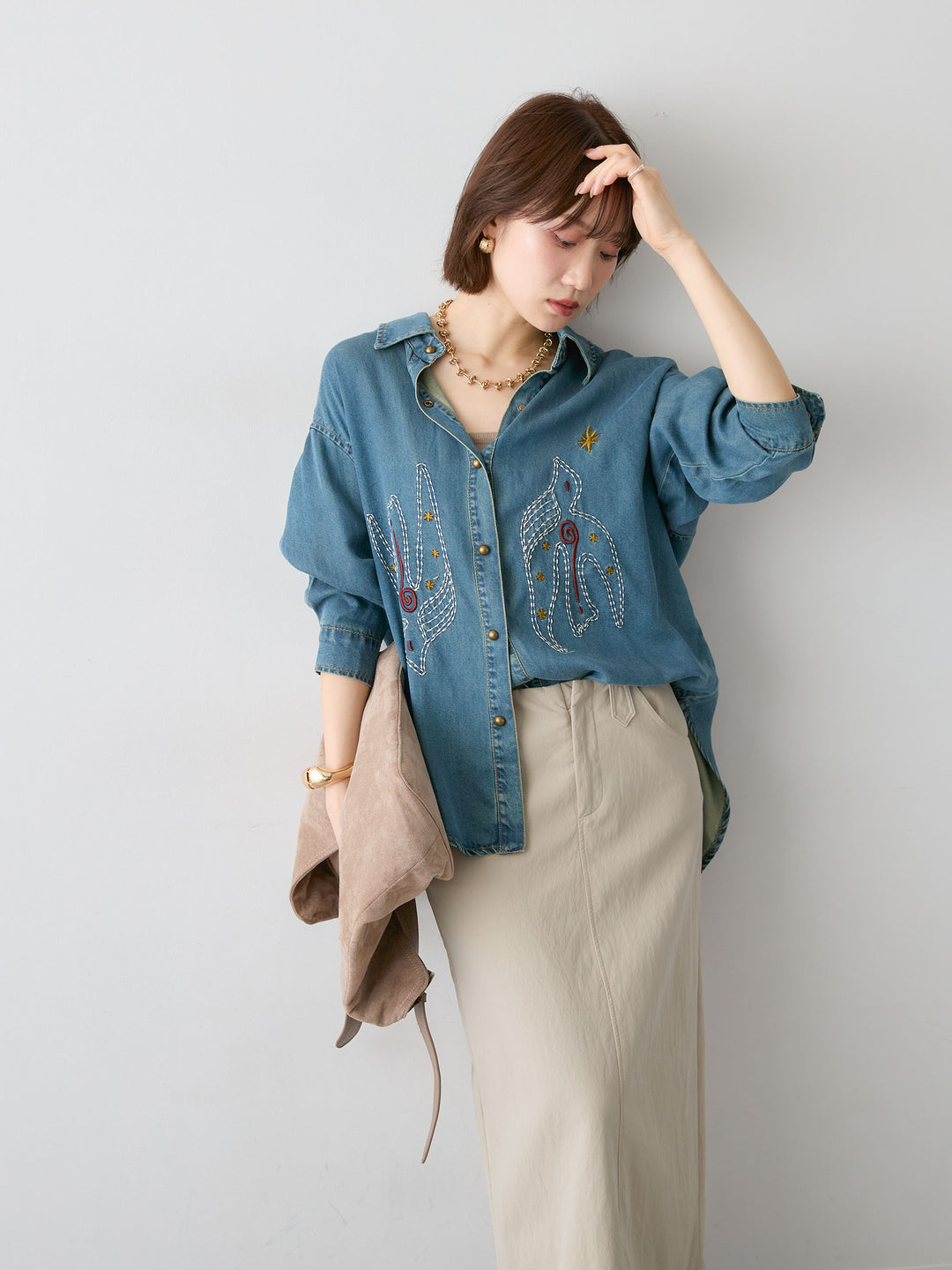 [SET]モチーフ刺繍デニムシャツ+選べるアクセセット(2set)