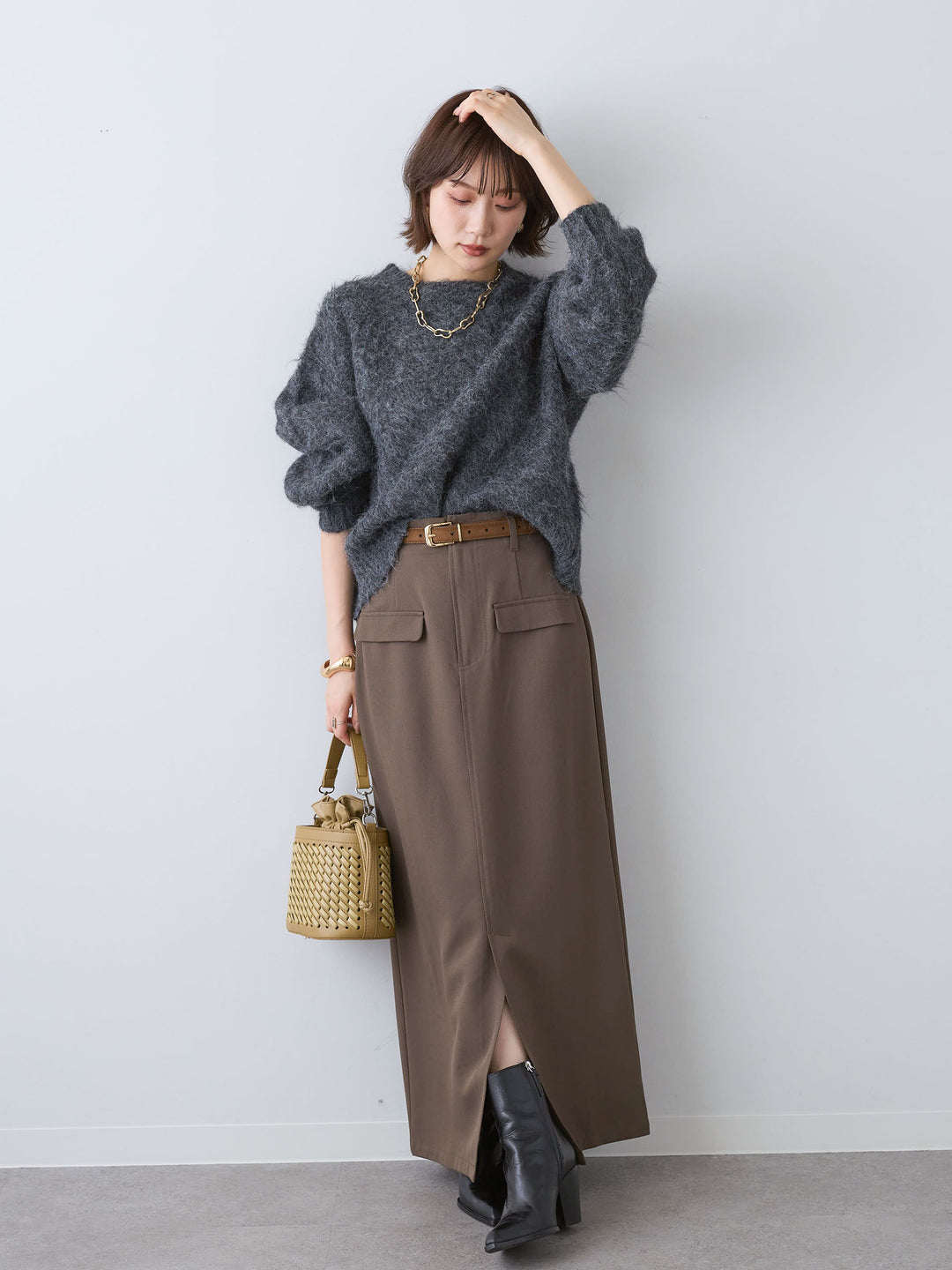[SET]ソフトシャギーニットプルオーバー+クレープデシンフラップ付きストレートスカート(2set)