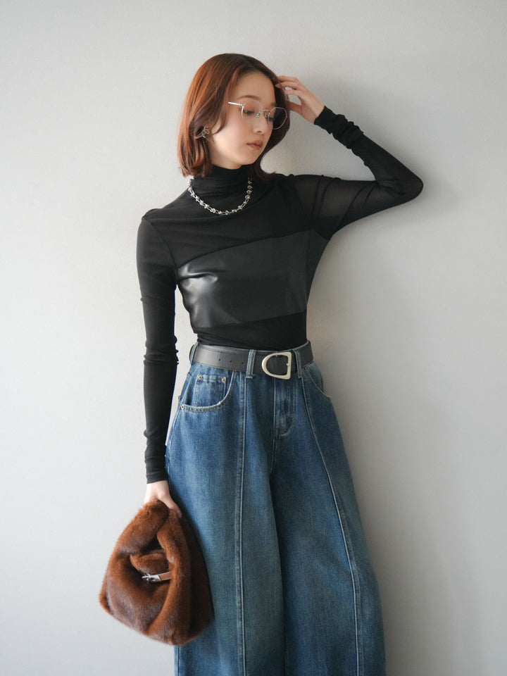 [予約]レザー切替プチネックシアートップス/black