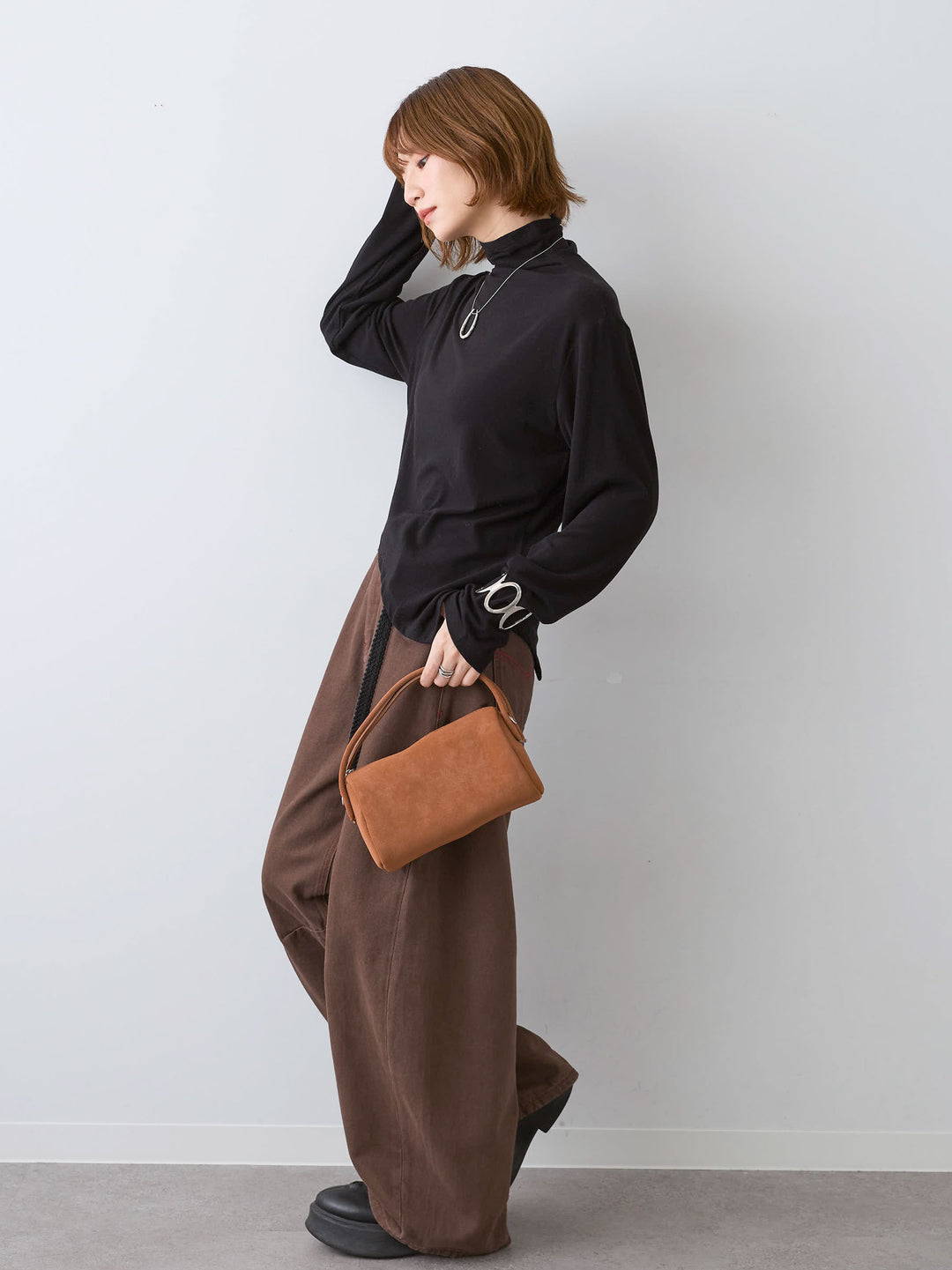 [SET]モックネックアシメヘムトップス+カラーステッチワイドパンツ(2set)