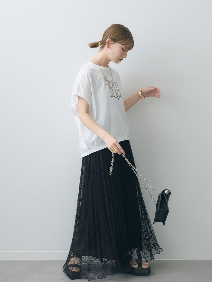 [SET]立体ロゴエンボスTEE +フローラルレースプリーツスカート(2set)