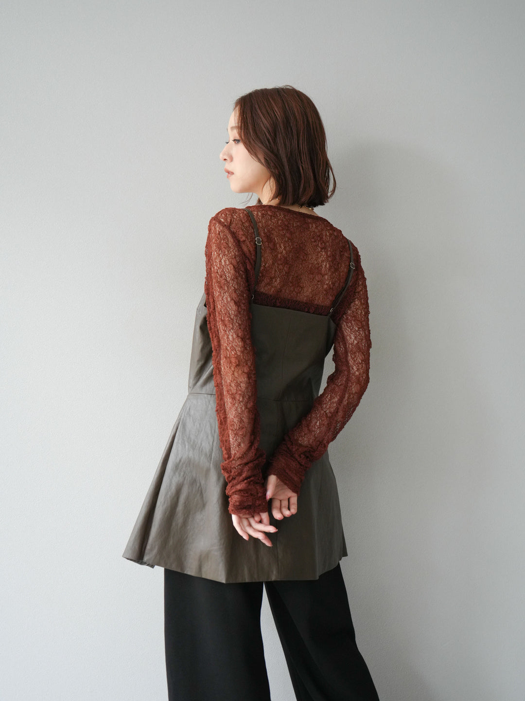 [予約]レイヤードレザーキャミソールチュニック/ブラウン