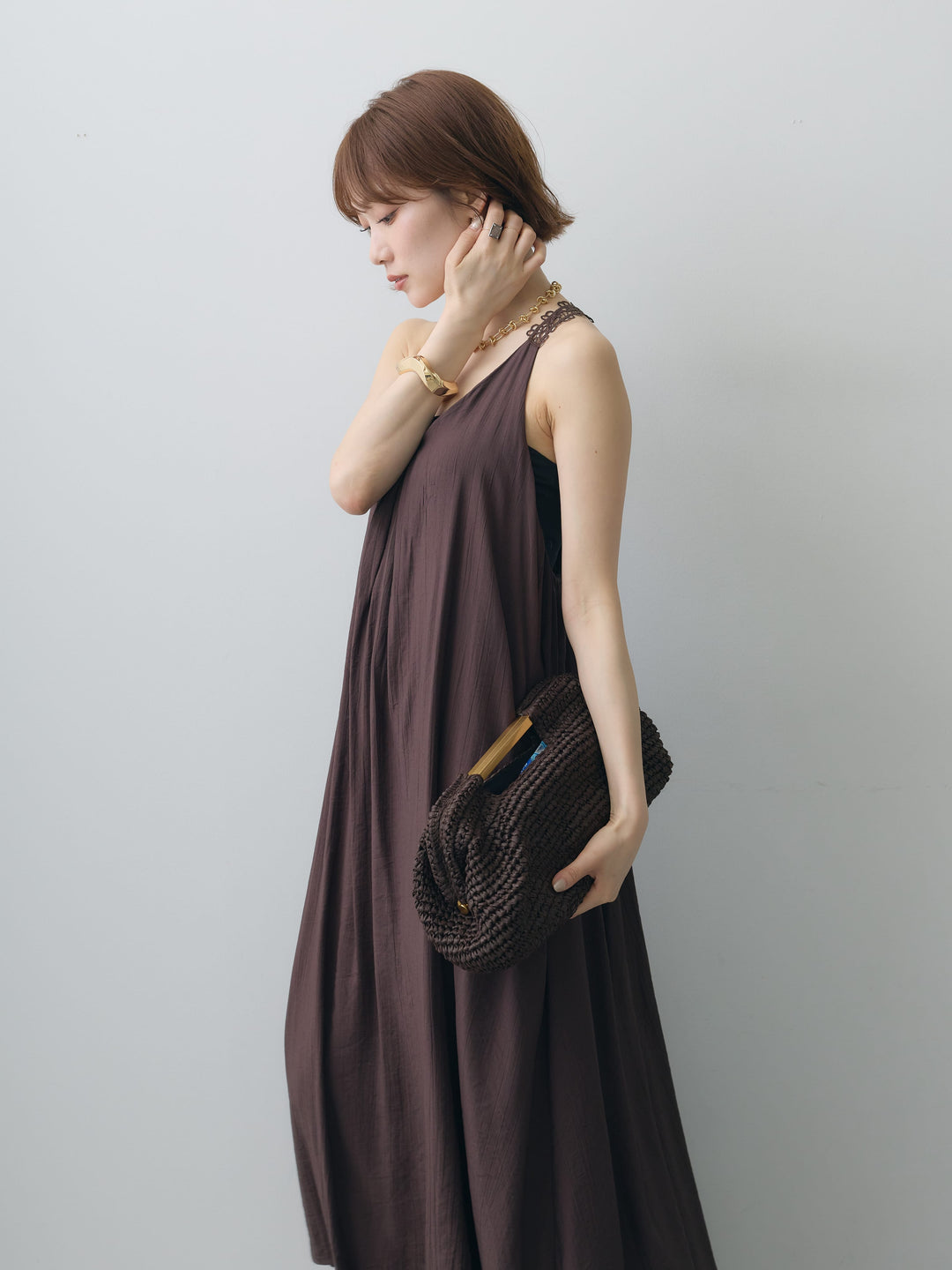 [予約]バックレースレイヤードノースリワンピース/brown
