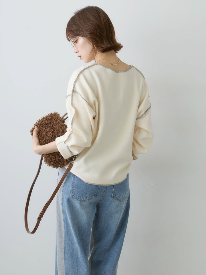 [予約]バイカラーステッチVネックニットトップス/ecru