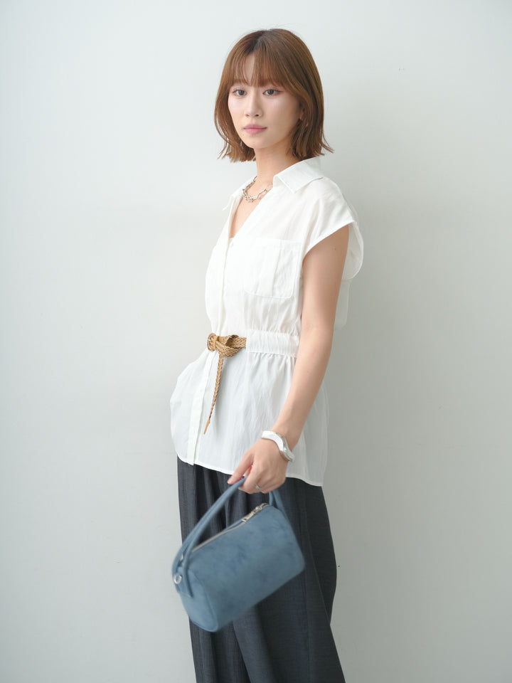[SET]メッシュベルト付ウエストギャザーノースリーブシャツ+選べるアクセセット(2set)