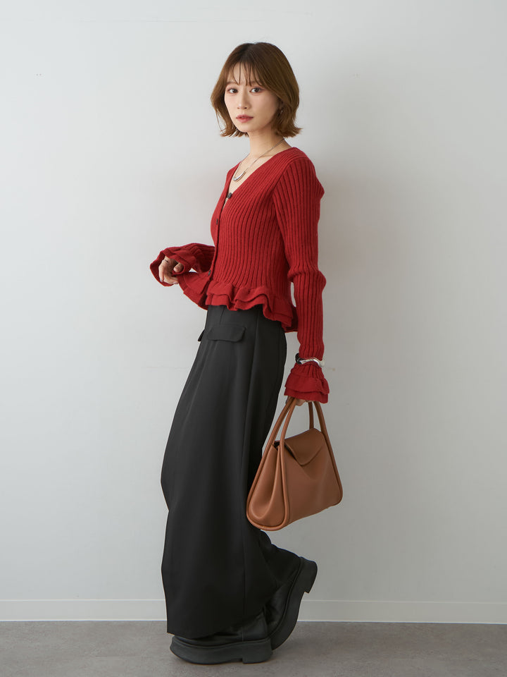 [SET]アルパカタッチフリルカーディガン+クレープデシンフラップ付きストレートスカート(2set)