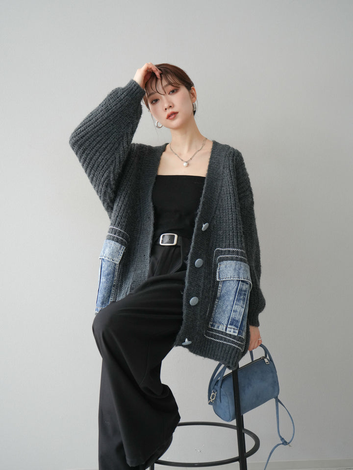 [予約]デニムポケットハンドステッチカーディガン/gray