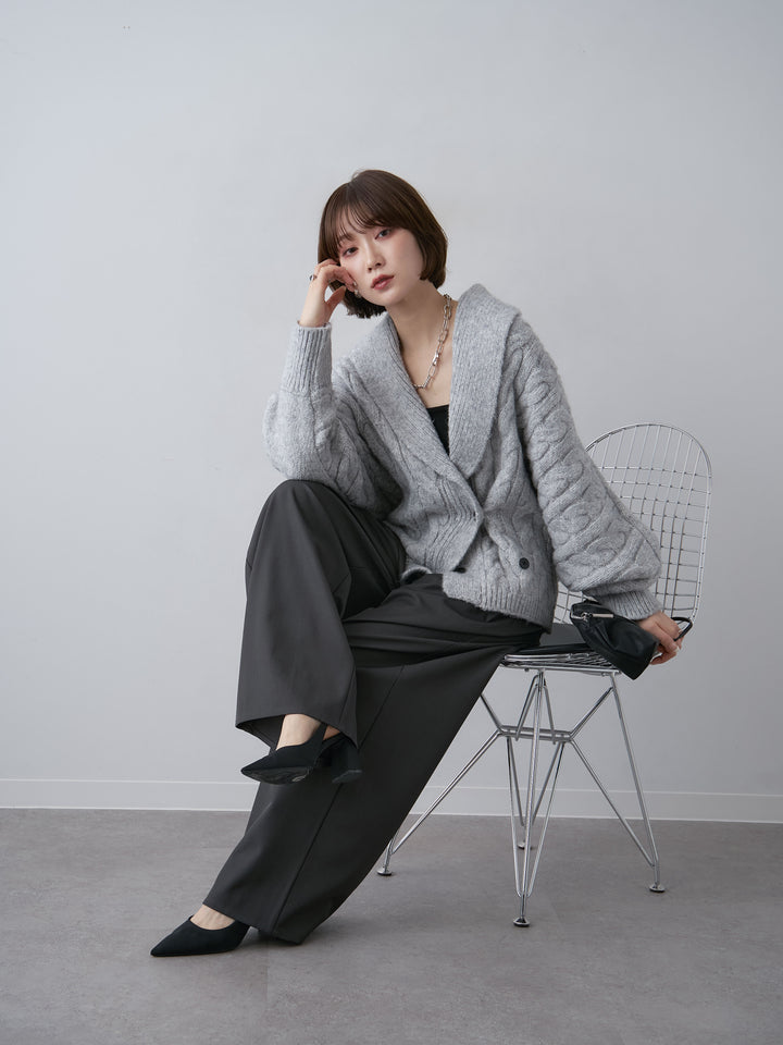 [SET]ショールカラーケーブルショートニットカーディガン+ツイルタックワイドパンツ(2set)