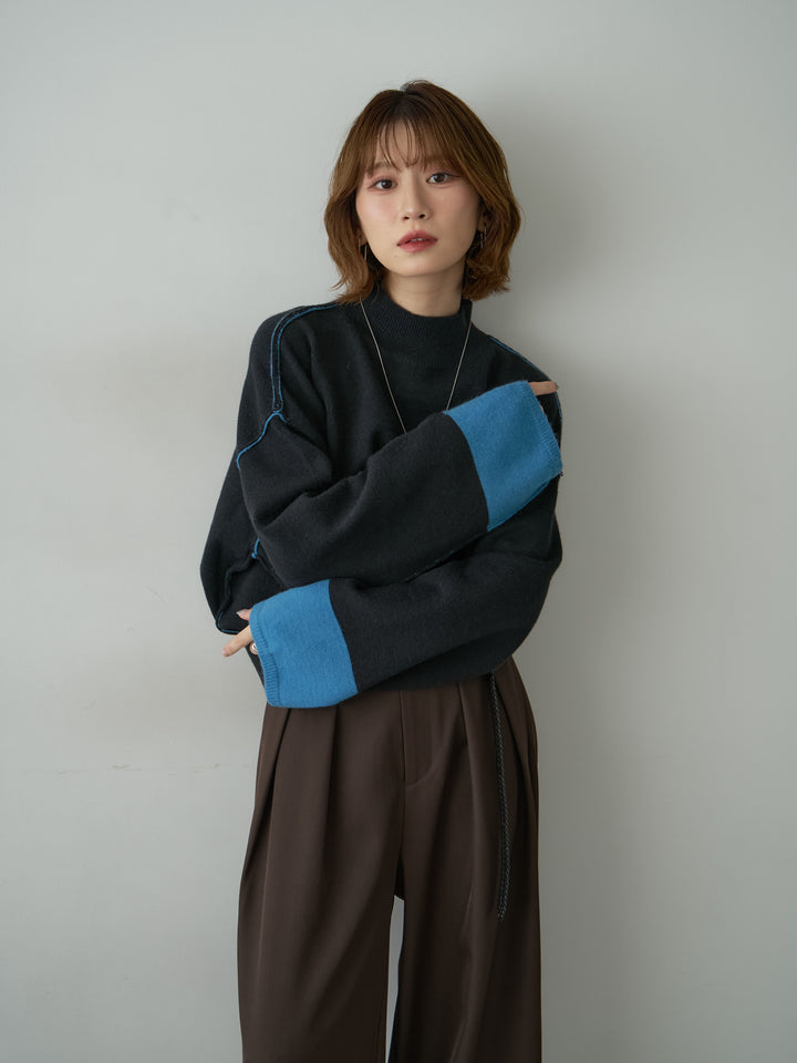 [予約]バイカラートリムワイドハイネックニットトップス/black